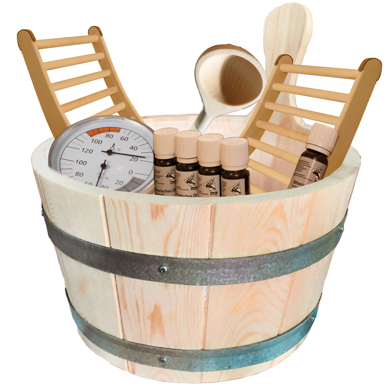 Karibu 10-teiliges Zubehör Aktionsset bestehend aus 1 Schöpfkelle, 1 Klimamesser, 2 Rückenlehnen, 5 ätherischen Ölen, 1 Aufgusskübel