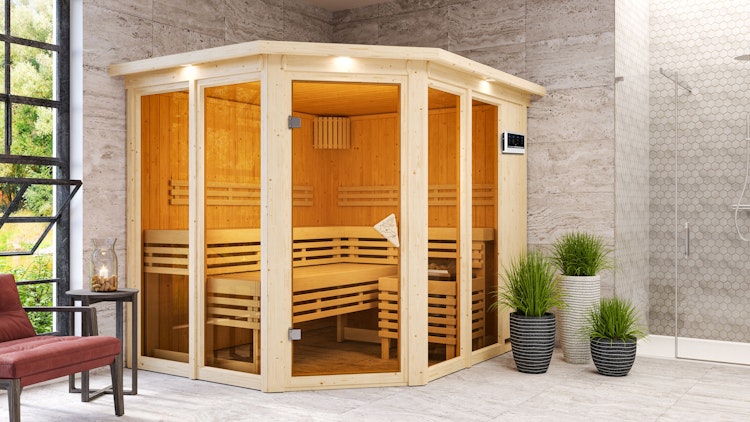 Karibu Sauna Ainur 3 Superior mit Eckeinstieg 68 mm inkl. gratis Sauna-Zubehörset im Wert von 234,94 €