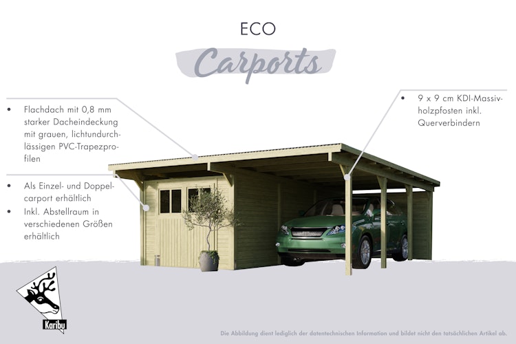 Karibu Doppelcarport Eco 2 mit integriertem Abstellraum klein - kesseldruckimprägniert