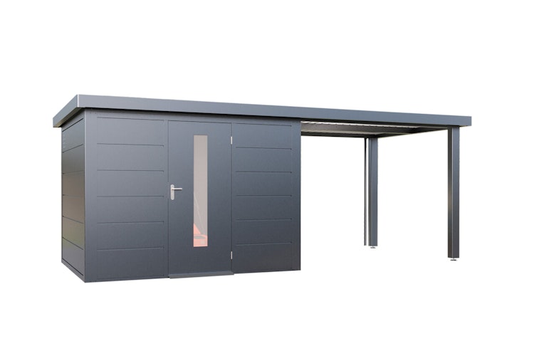 Wolff Finnhaus Premium Metall Gartenhaus Thorin 6024 Anthrazit inkl. 300 cm Anbaudach