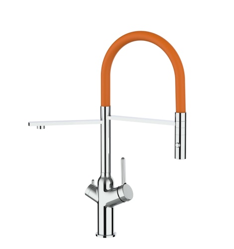 4 Wege Wasserhahn Küchenarmatur, BOD, mit 360° schwenkbarem Auslauf, abnehmbare 2 strahl Handbrause, Verchromt / Orange