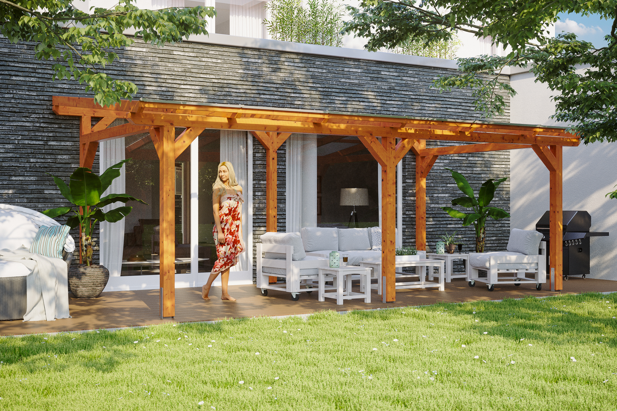 Skan Holz Siena aus Leimholz mit Mittelpfosten Breite 648 cm freistehende Terrassenüberdachung