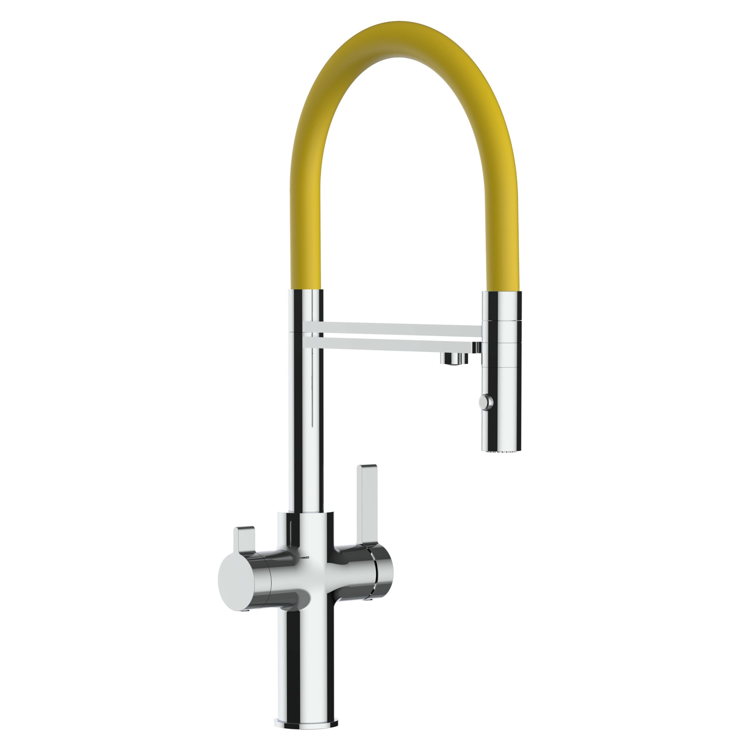 3 Wege Wasserhahn Küchenarmatur, FC, mit 360° schwenkbarem Auslauf, abnehmbare 2 strahl Handbrause, Verchromt / Gelb