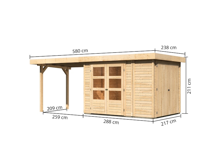 Karibu Woodfeeling Gartenhaus Retola 2/3/4/5/6 inkl. Anbauschrank u. 280 cm Schleppdach