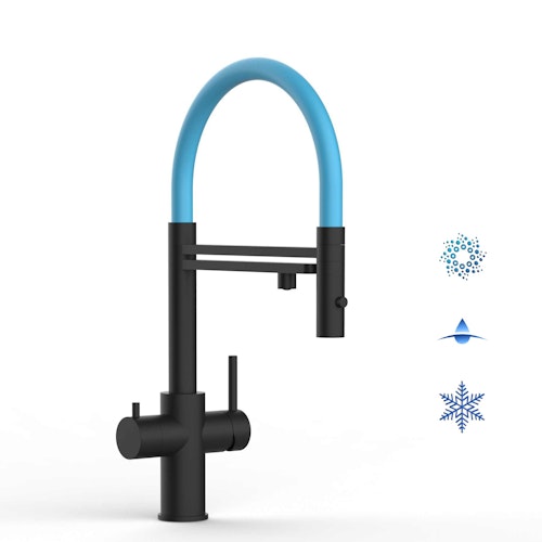 Kurzversion 47 cm - 5 Wege Wasserhahn Küchenarmatur, Edelstahl Massiv mit 360° schwenkbarem Auslauf, abnehmbare 2 strahl Handbrause, PVD Schwarz Matt / Hellblau