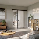 Vorschaubild Flexo Loft-Schiebetür-Komplettset schwarz mit Schiebetürbeschlag und Loft-Türblatt in Klarglas oder Milchglas