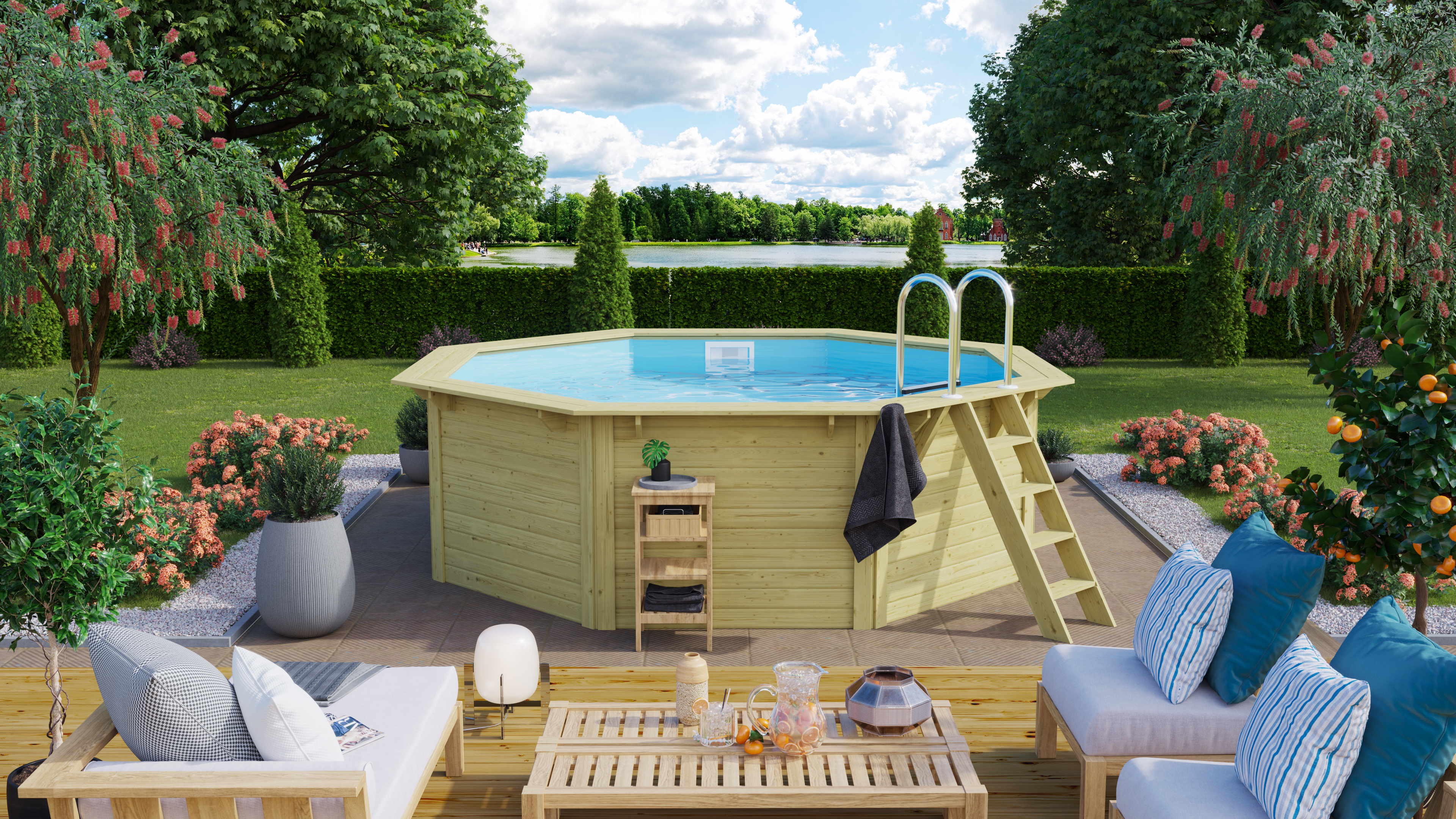 Karibu Pool Modell X1 400 x 400 cm - kesseldruckimprägniert mit Metallecke inkl. gratis Sandfilteranlage & Pool-Starterset (Gesamtwert 418,99€)