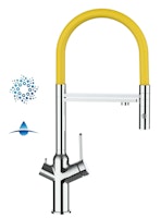 4 Wege Wasserhahn Küchenarmatur, BOD, mit 360° schwenkbarem Auslauf, abnehmbare 2 strahl Handbrause, Verchromt / Gelb