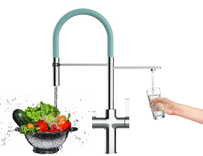3 Wege Wasserhahn Küchenarmatur, FC, mit 360° schwenkbarem Auslauf, abnehmbare 2 strahl Handbrause, Verchromt / Türkis