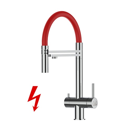 Kurzversion 45CM - NIEDERDRUCK 3 Wege Wasserhahn Küchenarmatur, Edelstahl Massiv mit 360° schwenkbarem Auslauf, abnehmbare 2 strahl Handbrause, Hochglanz / Rot