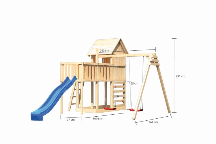 Akubi Stelzenhaus Frieda mit Wellenrutsche, Doppelschaukelanbau, Anbauplattform und Kletterwand