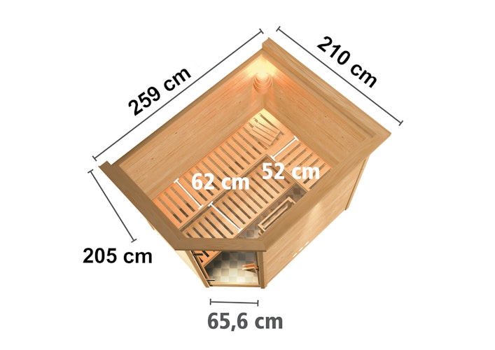 Karibu Sauna Tanami - Massivholzsauna mit Eckeinstieg 38 mm inkl. gratis Sauna-Zubehörset im Wert von 234,94 €