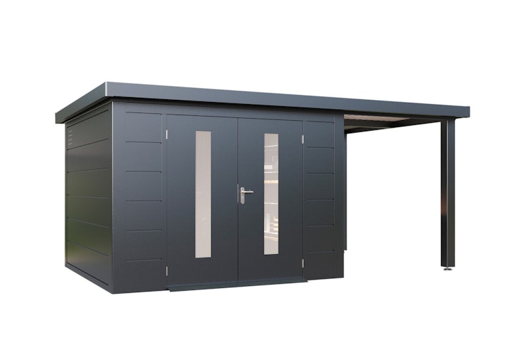 Wolff Finnhaus Premium Metall Gartenhaus Elvar 5424 Anthrazit inkl. 240 cm Anbaudach