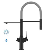 4 Wege Wasserhahn Küchenarmatur, BOD, mit 360° schwenkbarem Auslauf, abnehmbare 2 strahl Handbrause, Schwarz Matt / Grau