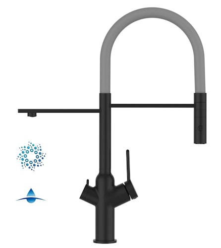 4 Wege Wasserhahn Küchenarmatur, BOD, mit 360° schwenkbarem Auslauf, abnehmbare 2 strahl Handbrause, Schwarz Matt / Grau