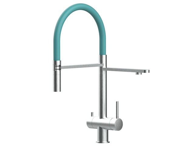3 Wege Wasserhahn Küchenarmatur, Edelstahl Massiv mit 360° schwenkbarem Auslauf, abnehmbare 2 strahl Handbrause, Gebürstet / Türkis