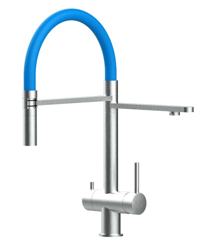 Kurzversion 45CM - 3 Wege Wasserhahn Küchenarmatur, Edelstahl Massiv mit 360° schwenkbarem Auslauf, abnehmbare 2 strahl Handbrause, Gebürstet / Hellblau