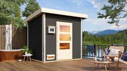 Karibu Gartensauna Pultdach Saunahaus Norge terragrau inkl. gratis Sauna-Zubehörset im Wert von 234,94 €