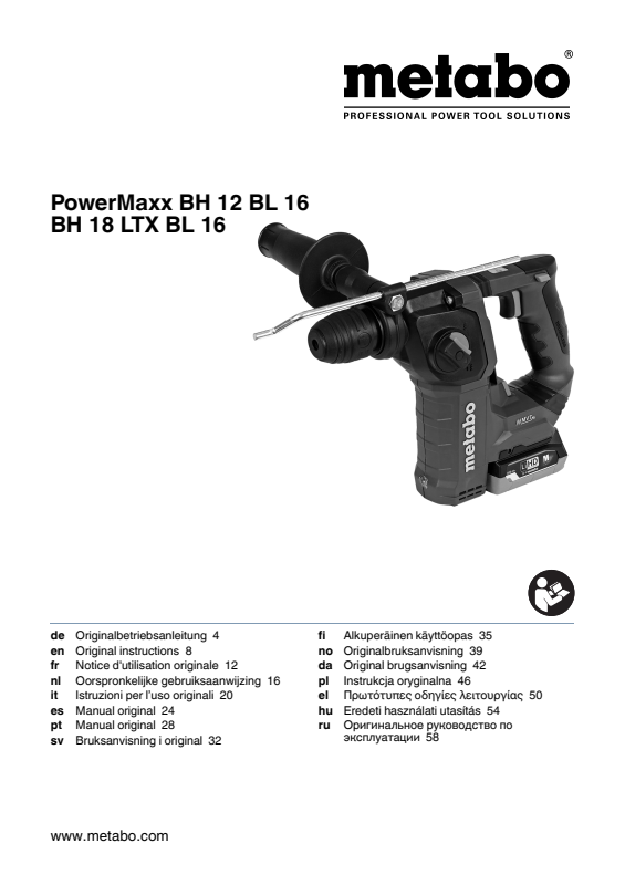 Bedienungsanleitung fÃ¼r Metabo Akku-Bohrhammer PowerMaxx BH 12 BL 16