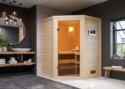 Karibu Woodfeeling Sauna Antonia - 38 mm Massivholz Aktionssauna inkl. gratis Saunaofen im Wert von 599,99 €
