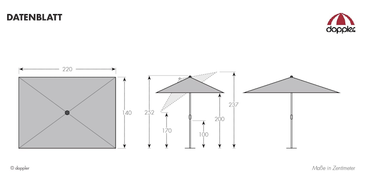 doppler Mittelmastschirm EXPERT 220 x 140 Auto-Tilt, Aluminium Silber / 100 % Polyester 180 g/m²