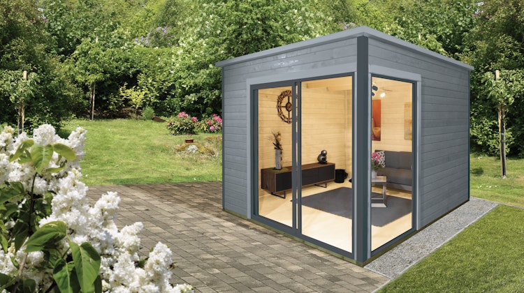 Wolff Finnhaus Gartenhaus Studio 44-B mit Alu-Eckverkleidung/Schiebetür