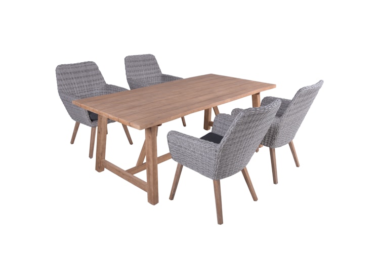 Garden Pleasure Gartenmöbel Set OAKLAND / RAPALLO, Tisch 200 x 100 + 4 Sessel, Akazie / Polyrattan Grau / Kissen 100 % Polyester Dunkelgrau
