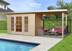 Weka Gartenhaus 172  mit Anbau (295 cm) - 21 mm-mit 295 cm Anbau Gr. 1 (530 x 239 cm) - 50 % Rabatt auf Dacheindeckung
