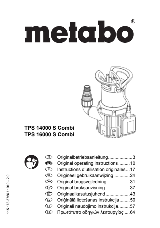 Bedienungsanleitung fÃ¼r Metabo Kombi-Tauchpumpe TPS 14000 S Combi