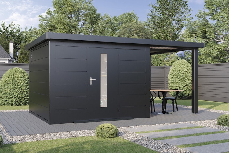 Wolff Finnhaus Premium Metall Gartenhaus Thorin 5424 Anthrazit inkl. 240 cm Anbaudach