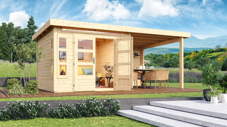 Karibu Premium Gartenhaus Kastorf 6/7 mit Fensterecke - inkl. 320 cm Anbaudach - 28 mm