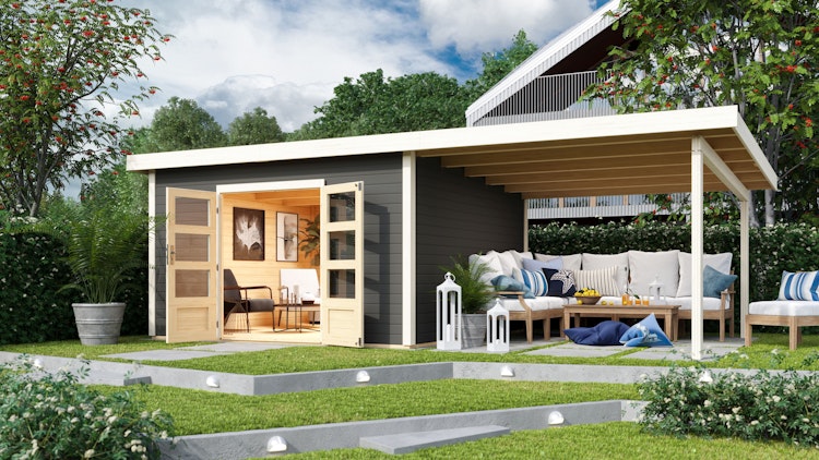 Karibu Woodfeeling Gartenhaus Northeim 5 inkl. 300 cm Schleppdach und Rückwand