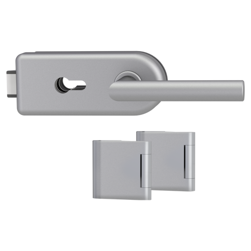 Griffwerk SMILE 1.0 -Alu EV1 -Ganzglas- türbeschlagset -3-teiliger Bandsatz -mit Griff Griff L-Form -PZ, WC Knaufzyl. -Schlossgegenseite