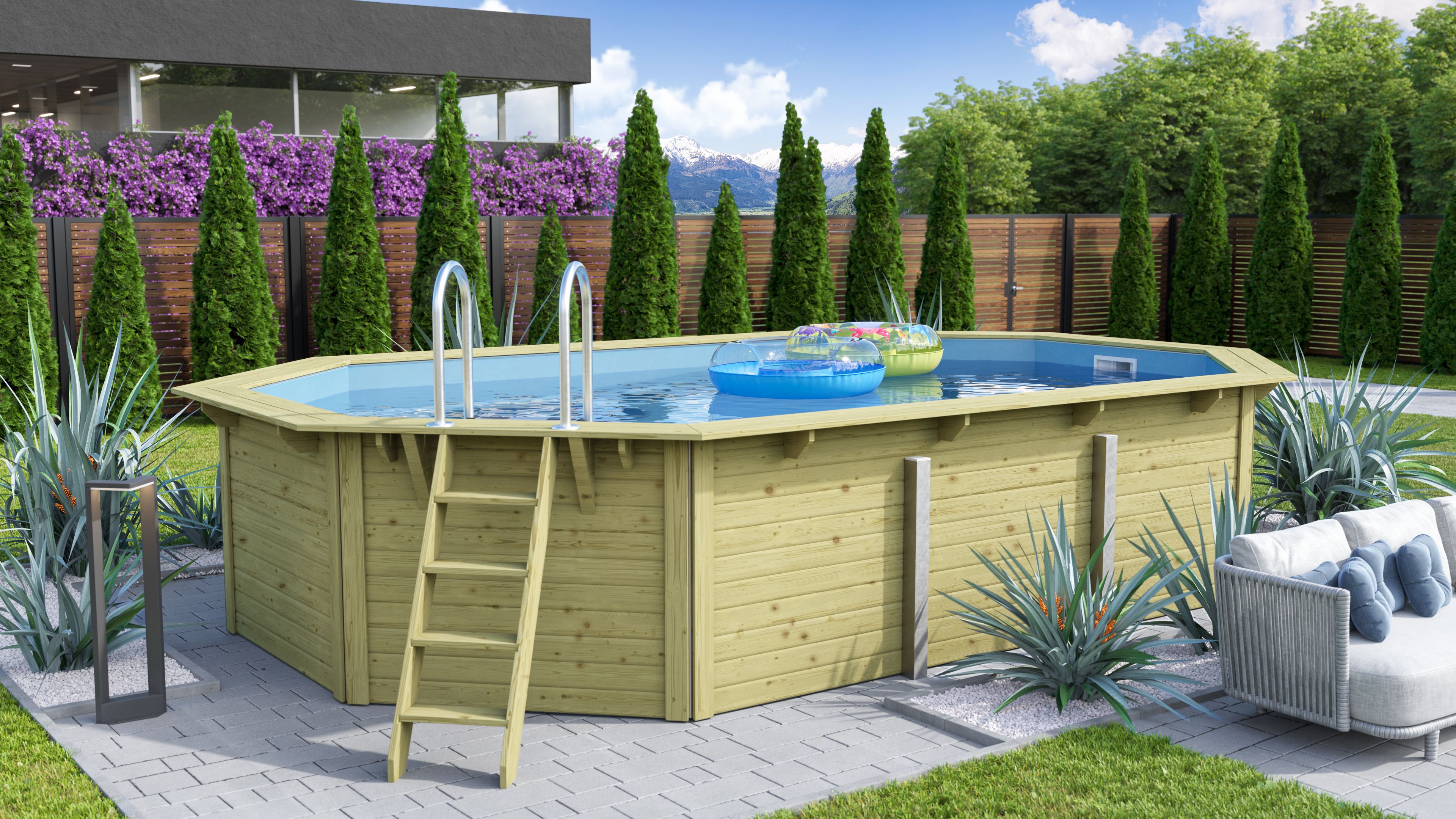 Karibu Pool Modell X4 610 x 400 cm - kesseldruckimprägniert mit Metallecken inkl. gratis Sandfilteranlage & Pool-Starterset (Gesamtwert 468,99€)
