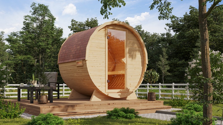 Karibu Saunahaus Fasssauna 1 - 38 mm Sparset inkl. Schindeln inkl. gratis Sauna-Zubehörset im Wert von 234,94 €