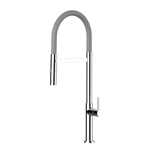 Minimalistischer Wasserhahn Küchenarmatur, TECNO, mit 360° schwenkbarem Auslauf, abnehmbare 2 strahl Handbrause, Verchromt / Grau