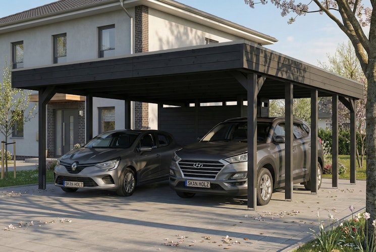 Skan Holz Doppelcarport Friesland 546x708 cm mit Abstellraum Set D