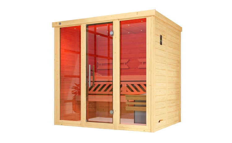 Weka Premium Massivholz-Elementsauna Kemi Panorama 2 mit Glastür+2 Fenster und Sternenhimmel - 45 mm