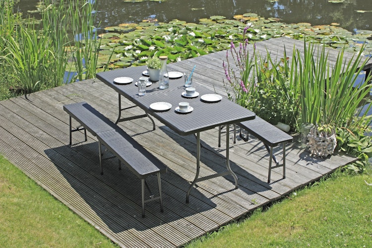 Garden Pleasure Gartenmöbel Set VENTANA, Klapptisch 180 x 74 cm + 2 Klappbänke, Stahl Dunkelgrau / Kunststoff Schwarz