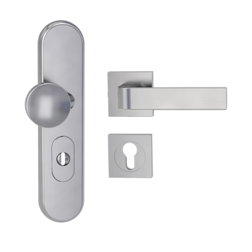 Griffwerk TITANO Kombi SB_882 ES1 (S2) -Edelstahl matt Kombi-Schutzbeschlag -Knopf/Drücker -mit Griff DESM GRAPH -SG -eckig -R -ZA, 72mm -TS 38-50