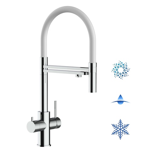 5 Wege Wasserhahn Küchenarmatur, Edelstahl Massiv mit 360° schwenkbarem Auslauf, abnehmbare 2 strahl Handbrause, Hochglanz / Weiß