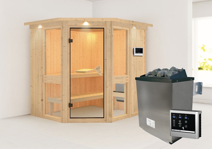 Karibu Amelia 1 - Sauna mit Eckeinstieg 68 mm inkl. gratis Sauna-Zubehörset im Wert von 234,94 €