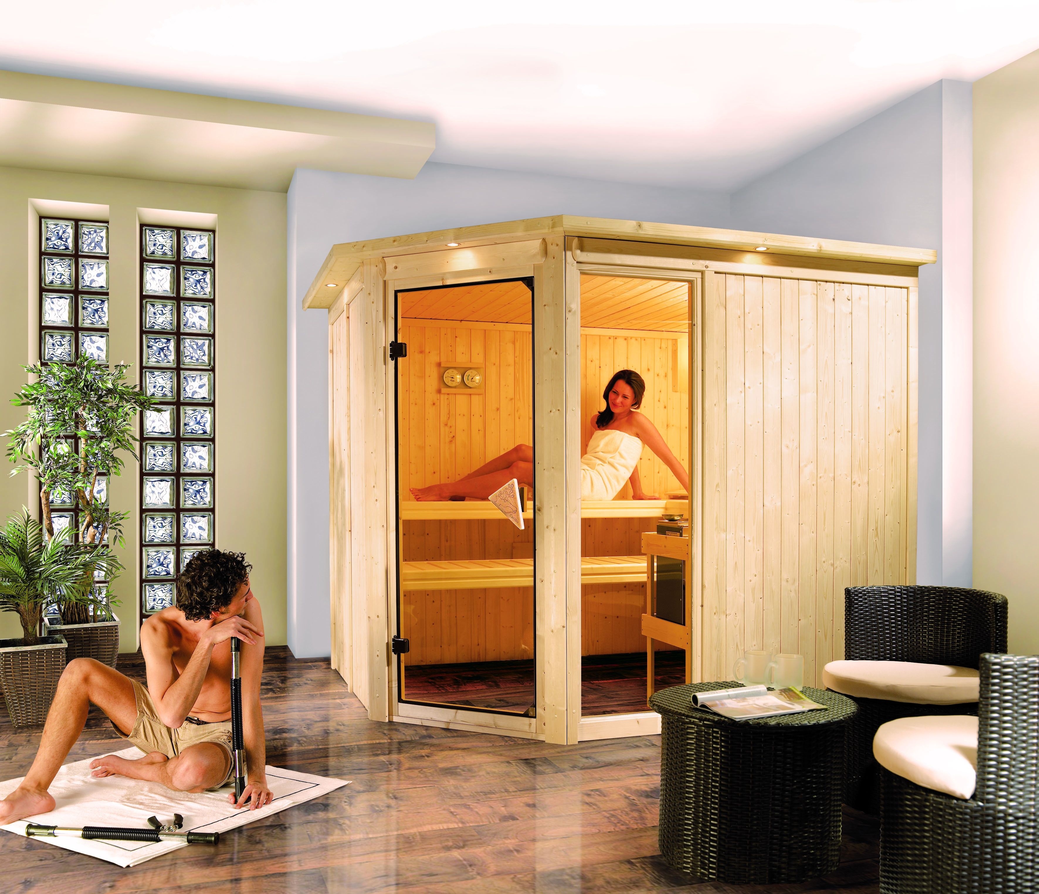 Karibu Sauna Fiona 3 mit Eckeinstieg 68 mm inkl. gratis Zubehörpaket im Wert von 126,96€