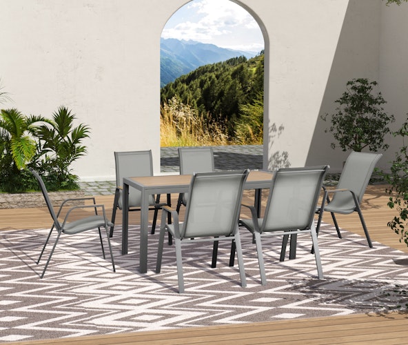 Garden Pleasure Gartenmöbel Set PALENA, Tisch 150 x 80 cm + 6 Stapelsessel, Stahl Grau / Nonwood Holz-Optik / Kunststoffgewebe
