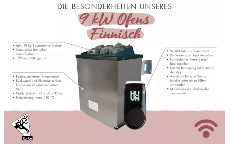 Karibu 9 kW Saunaofen finnisch anthrazit inkl. Huum WLAN Steuergerät mit App-Steuerung