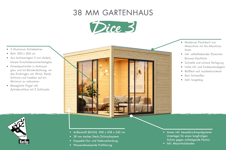 Karibu Design Gartenhaus Dice 3 mit 2 Aluminium Schiebetüren - 38 mm (Homeoffice-Gartenhaus)