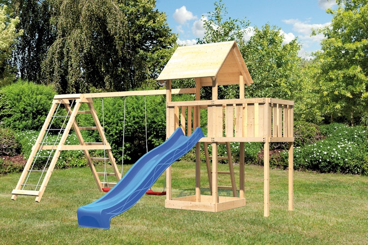 Akubi Kinderspielturm Lotti mit Satteldach inkl. Wellenrutsche, Doppelschaukelanbau, Klettergerüst und Anbauplattform