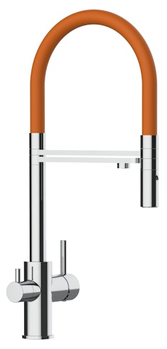 3 Wege Wasserhahn Küchenarmatur, FL, mit 360° schwenkbarem Auslauf, abnehmbare 2 strahl Handbrause, Verchromt / Orange
