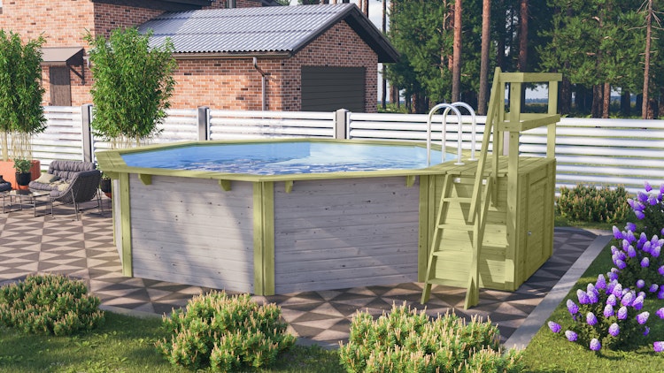 Karibu Pool Modell X2 470 x 470 cm mit Terrasse - kesseldruckimprägniert mit Metallecken