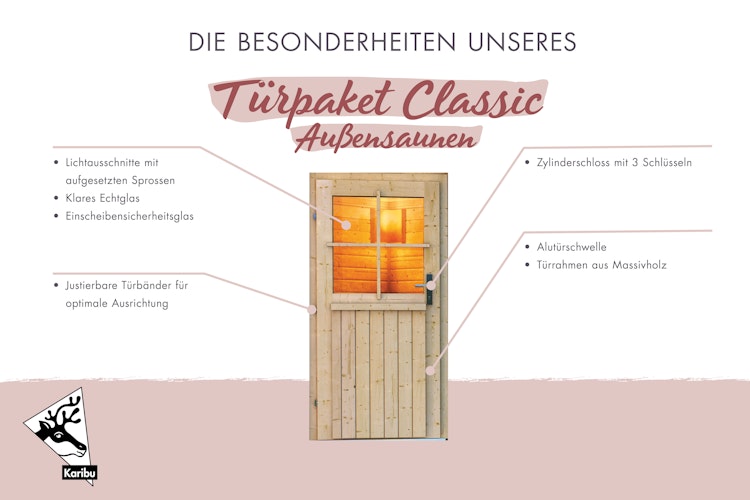 Karibu klassische Türe für Außensauna mit Klarglas-Lichtausschnitten